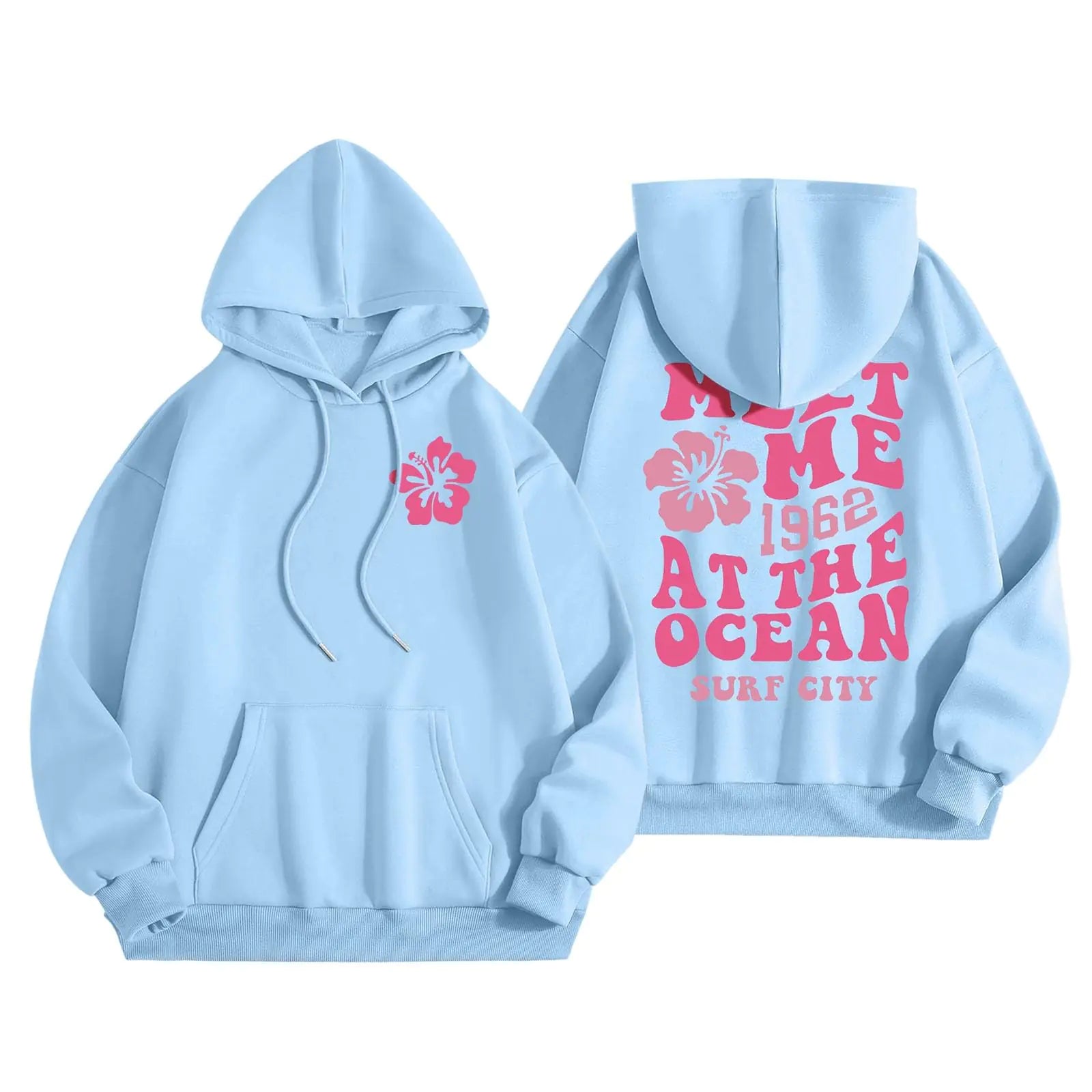 Generic Womens Crewneck Sweatshirt Meet Me at The Ocean Letter Graphic Pink Palm Puff Hoodies for Women Girls Oversized Long Sleeve Pocket Y2K Sweatshirt Tops Flash Deals TodayLight BlueL Large