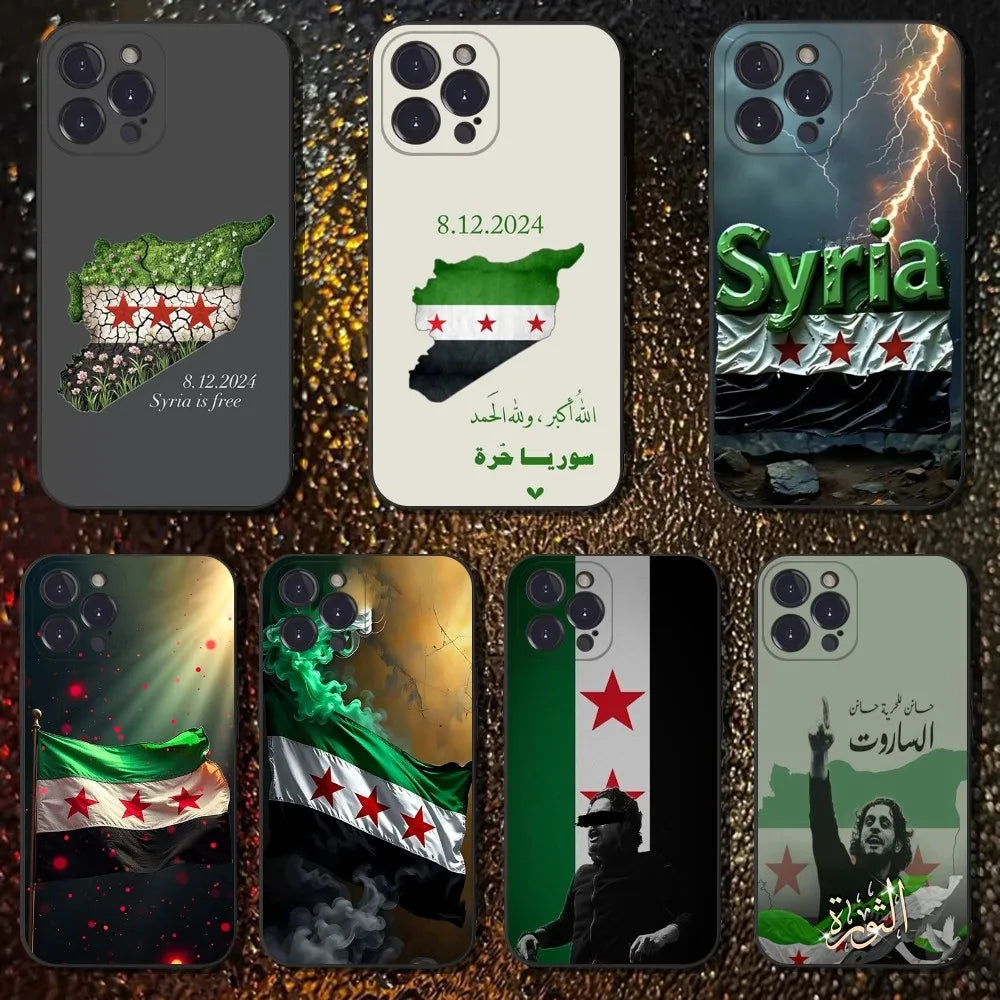Free Syria Flag Phone Case For iPhone 16,15,14,13,12,11 Plus,Pro Max,XS,X,XR,SE,Mini,8,7,Soft Silicone Black Cover