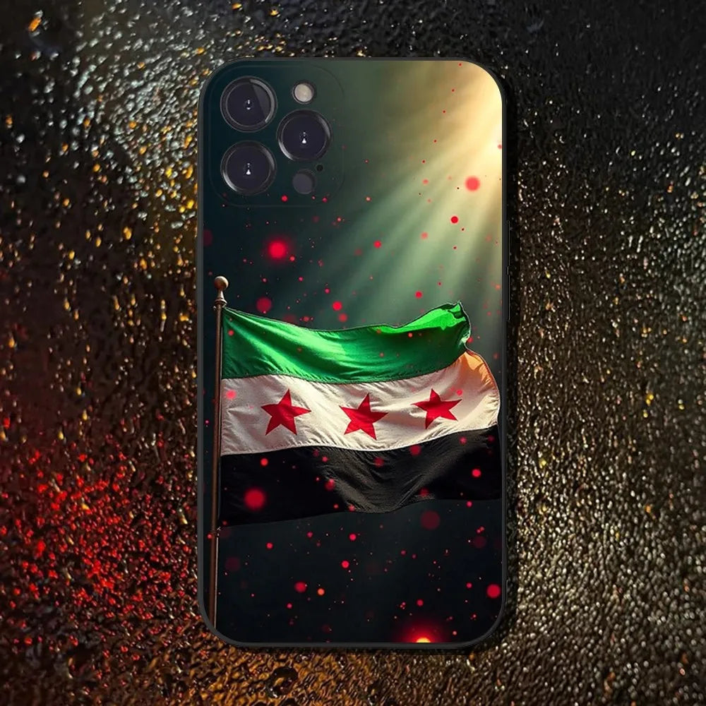 Free Syria Flag Phone Case For iPhone 16,15,14,13,12,11 Plus,Pro Max,XS,X,XR,SE,Mini,8,7,Soft Silicone Black Cover