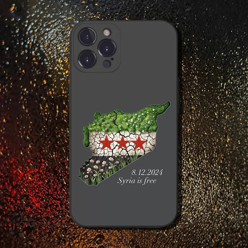 Free Syria Flag Phone Case For iPhone 16,15,14,13,12,11 Plus,Pro Max,XS,X,XR,SE,Mini,8,7,Soft Silicone Black Cover