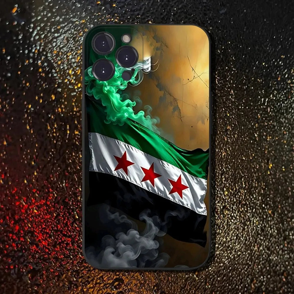Free Syria Flag Phone Case For iPhone 16,15,14,13,12,11 Plus,Pro Max,XS,X,XR,SE,Mini,8,7,Soft Silicone Black Cover